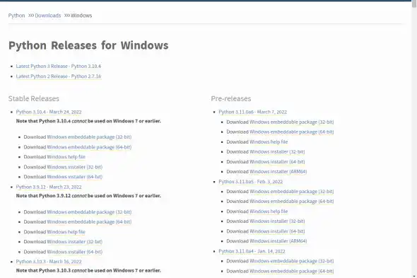 Official Python Download Page for Windows